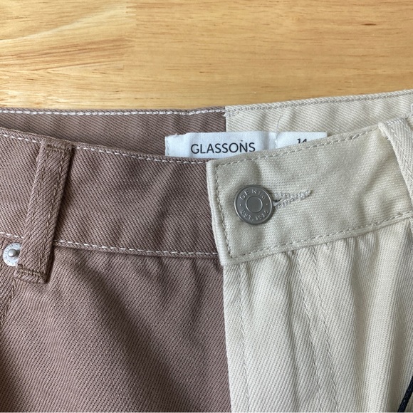 GLASSONS Brown Cream Two Tone Super High Waist Straight Leg Raw Hem Jeans Sz 14 - Picture 7 of 10